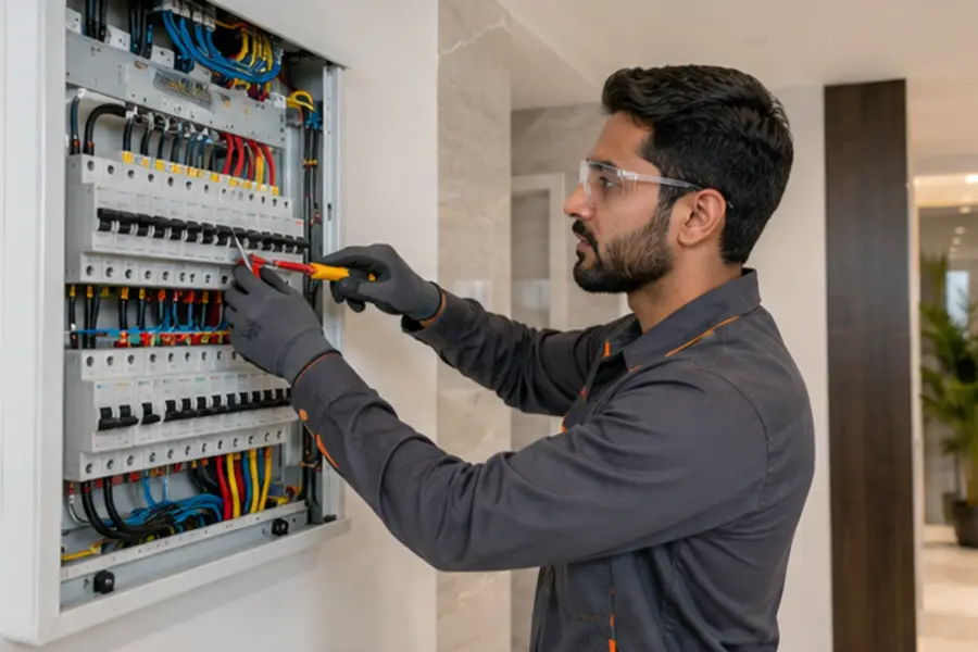 Electrician maintaining a modern electrical panel