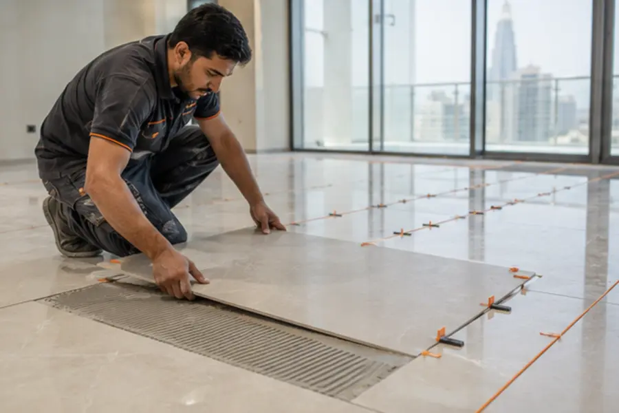 Technician installing premium flooring
