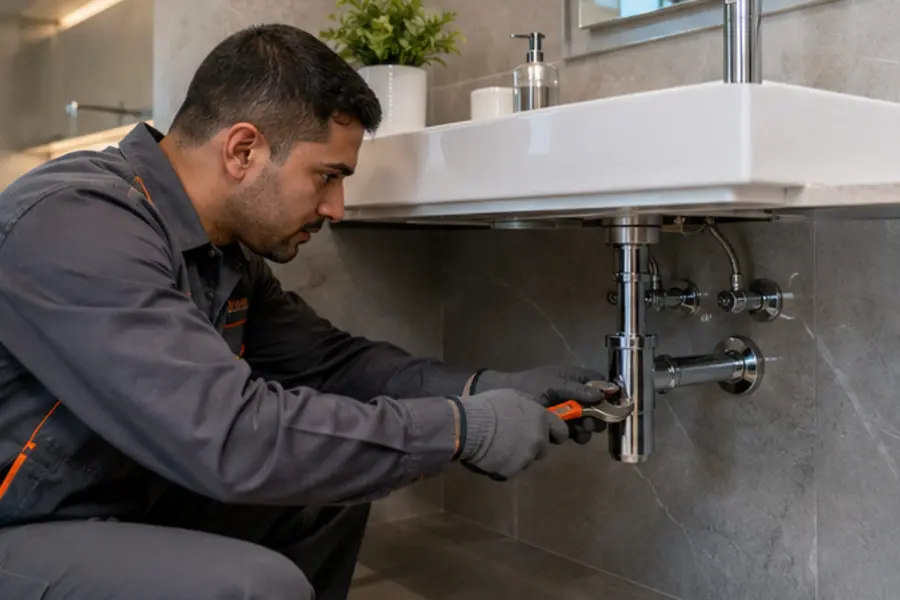 Plumber repairing pipes beneath a sink